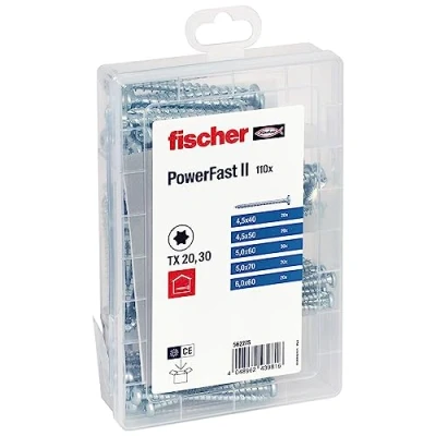 Image of fischer 562275 Meister PowerFast II Chipboard, Presorted Assortment Box with 110 Screws, Mushroom Head, Full Thread and Torx Drive, Universal Set for Mounting Meisterbox_DE, Silver