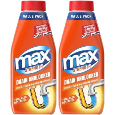Image of Max Strength Drain Unblocker, 2 x 1L Heavy Duty Sink, Shower, Toilet, Plughole Unclogger Cleaner for Kitchen and Bathroom Drains Fast Acting &amp; Easy to Use