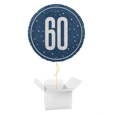 Image of Navy Blue Glitz Age 60 Holographic Round Foil Helium Balloon Inflated in a Box
