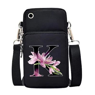 Image of FINDING CASE initial letter Printed Women Girls men Zipper Waterproof Nylon 3 Layers Crossbody Bags Wallet Cellphone Purse Shoulder Bag Wristlet Handbags Adjustable Strap (Flower color K)