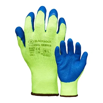 Image of Blackrock Thermal Insulated Heavy Duty Latex Coated Gripper Safety Work Gloves, Mens Womens Working Grip, Ideal For Cold Storage, Handling, Agriculture, Building &amp; Construction XL, Blue and Yellow