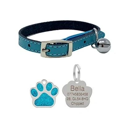 Image of Leather Cat Collar, Safety Elastic Bell &amp; Engraved Glitter Tag (Blue)