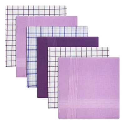 Image of Warwick &amp; Vance Pack Of 6 Mens/Gentlemens Check Dyed Handkerchiefs, Purple With Satin Stripe Borders, 100% Cotton, 40 x 40cm