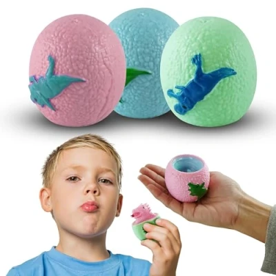 Image of 1x Random Colored Egg with Pop Up Dinosaur Toy Squeeze Fidget Stress Relief Ball, Perfect Party Bag Fillers for Boys and Girls, Ideal Birthdays, Easter Christmas 6.5cm Dia