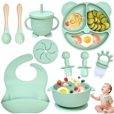 Image of Dazhtu 10 pcs Baby Weaning Set Silicone Feeding with Suction Bowl, Adjustable Bib,Cup,Fork &amp; Spoo,Silicone Plate Baby, Food Kit, Ideal for Gifts, Green