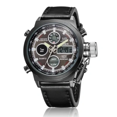 Image of JewelryWe Mens Multifunctional Military Watch: Analog Digital Dual Time Calendar Waterproof Casual Sports Leather Wristwatch for Christmas