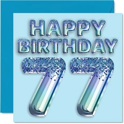 Image of 77th Birthday Card for Men Blue Glitter Party Balloon Happy Cards 77 Year Old Man Great Grandpa Grandad Dad Gran, 145mm x Seventy Seven Seventh Greeting Gift