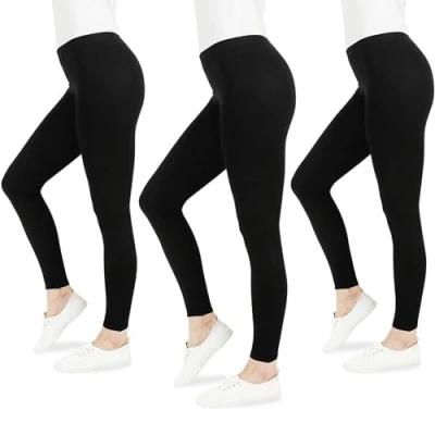 Image of FM London 3 Pack Women&#039;s Casual Leggings Non See Through for Women UK Stretch Fit worn as Gym or Wear Black Leggings, Seamless