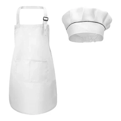 Image of Fodlon Kids Apron and Chef Hat Set, Adjustable Children Kitchen with Pockets for Cooking Baking Painting 4 12 Years Old (White, Large)