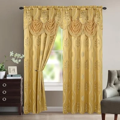 Image of Elegant Comfort Aurora Jacquard Look Curtain Panel Set with Attached Valance 54&quot; X 84 inch (Set of 2), Gold