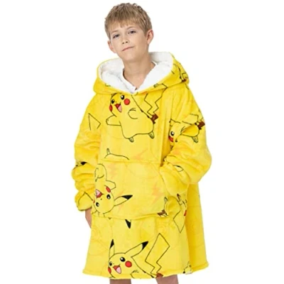 Image of Pokemon Kids Oversized Blanket Hoodie Boys Girls Pikachu OR Pokeball Design Game Double Lined Sherpa Fleece Yellow Sweatshirt One Size Sweater Big Pocket
