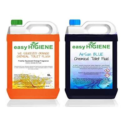 Image of BLUE AIRsan 5L CHEMICAL dry TOILET fluid Cleaner &amp; SQUEEZED ORANGE FLUSH Portaloo boat caravan wc