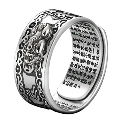 Image of Feng Shui Ring Silver, Adjustable Finger Pixiu Lucky Silver Jewelry Mani Mantra Protection Wealth Amulet Open for Men