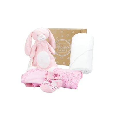 Image of Baby Box Shop 6 Essentials for Newborn Girl, Ideal Shower Gifts &amp; Christening Girls, Includes a Comforter, Pink Hooded Towel, Muslin Cloth, Bodysuit, Bib Socks