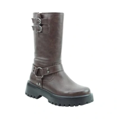 Image of Heavenly Feet Bianca Faux Leather Fur Lined Vegan Biker Style Mid Calf Boots (Chocolate, UK Footwear Size System, Adult, Women, Numeric, Medium, 7)