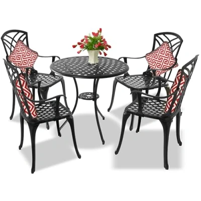 Image of Centurion Supports OSHOWA Garden &amp; Patio Table 4 Large Chairs with Armrests Cast Aluminium Bistro Set Black