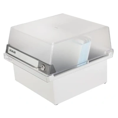 Image of HAN 965 S 631, Card filing box Special Edition A5 landscape. Innovative, attractive design holds 800 cards with lock, readjustable lid supplied large inscription label, light grey translucent