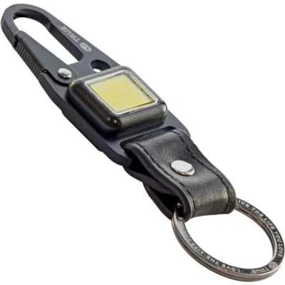Image of True Utility TU918 Cliplite, Rechargeable Light with Keyring Clip, Four Modes, Cowhide Leather, Titanium Coated Stainless Steel, One Size, Black, 11 cm