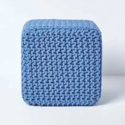 Image of HOMESCAPES Blue Knitted Cube Footstool Bean Filled 100% Cotton for Living Room Children or the Elderly