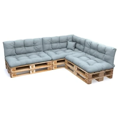 Image of POKAR Euro Pallet Quilted Pillow Set of 8: Seat Cushion 120 x 80cm + Back 40cm, Garden Pillows Sofa, Patio, Without Pallets, Blue