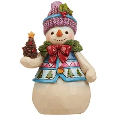Image of Enesco Jim Shore Heartwood Creek Pint Size Snowman with Pinecone Stone Resin Figurine, 4.75,White, Red, Green, Blue