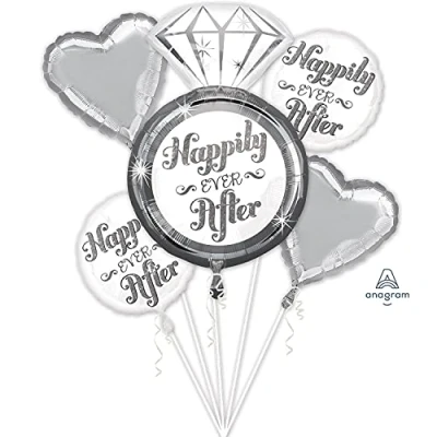 Image of amscan 3445701 Bqt: Wedding Happily Ever After 5 Piece Foil Balloon Bouquet P75