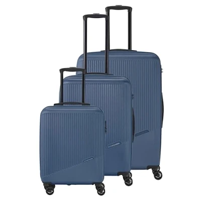 Image of travelite 4 wheel suitcase set 3 pieces sizes L/M/S, luggage series BALI: ABS hard shell trolleys with TSA combination lock (hand without TSA)