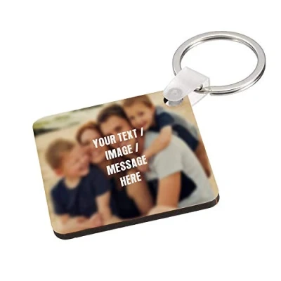 Image of Personalised with Your own Image Text Message Themed MDF Square Keyring Christmas Birthday Gift Present Idea.