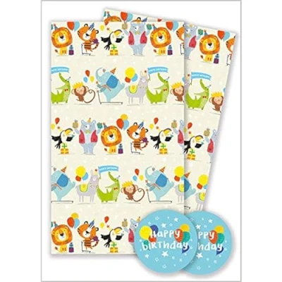 Image of Abacus Cards Wrapping Paper 12365A Party Animals Gift Wrap Pack with 2 Sheets &amp; Tags, Plastic Free FULLY RECYCLABLE, multicoloured