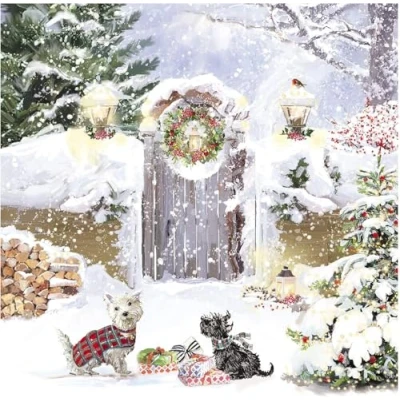 Image of GBCC Charity Christmas Cards Pack of 6 with Snowy Dogs and Robin Design Eco Friendly Xmas Multipack Envelopes
