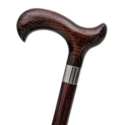 Image of Dr. Watson Handcrafted Wooden Walking Stick, Classic Cane with Derby Handle and Stainless Steel Collar (Wenge)
