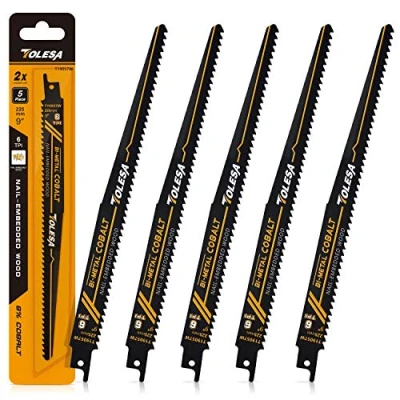 Image of TOLESA Reciprocating Saw Blades for Wood Nail Embedded Window Door Demolition and Construction Cutting 225mm 6TPI Sawzall Bi Metal Teeth with Cobalt Sharp 5 Pack