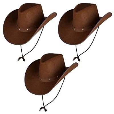 Image of Pack of 3 x DARK BROWN Texan Cowboy Hats : Adult Unisex Wild West Rodeo Cowgirl Mens Womens Fancy Dress Accessory …