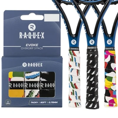 Image of Raquex Evoke Overgrip Tape 3 Pack Tennis Racket Grip Tapes (11 Designs) Racquet Anti Slip for Rackets, Badminton, Squash, Padel. Finishing Included (Stripe Fusion)
