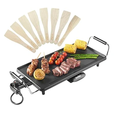 Image of VonShef Large Teppanyaki Grill 2000W Electric, Multipurpose, Easy Clean BBQ Table Top with Adjustable Temperature Control, Oil Drip Tray &amp; 8 Spatulas for Meat, Vegetables Fish 43x23x10cm