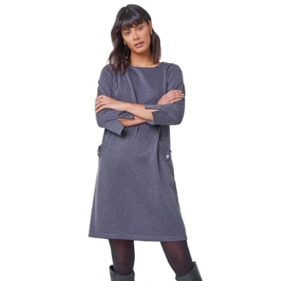 Image of Roman Originals Button Detail Stretch Shift Dress for Women UK Ladies Autumn Everyday Winter Holiday Round Neckline Comfy 3/4 Sleeve Soft Frock Jersey Gowns Dark Grey Size 10