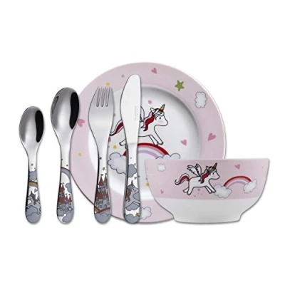 Image of Exzact Children&#039;s Dinner Set/Cutlery Gift Set Stainless Steel Porcelain 1 x Bowl, Plate, Knife, 1x Fork, Teaspoon,1 Table Spoon Unicorn