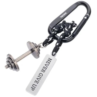 Image of TROIKA Fitness Never Give Up Keyring with Carabiner Hook, 2 Pendants on Decorative Climbing Rope: Dumbbell and Plaque, Zinc Alloy, Chrome Plated, Black, Silver Original, Black / Silver, 11,7 x 4,5