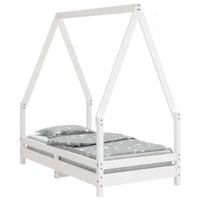 Image of vidaXL Solid Pine Wood Kids Bed Frame White, Low to Ground, House Style Design, Suitable for Toddlers, Wooden Slats Support