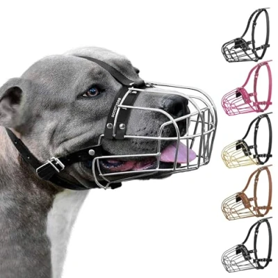 Image of BRONZEDOG Pitbull Dog Muzzle Metal Mask Amstaff Wire Basket Pit Bull Adjustable Leather Straps for Large Dogs (Steel)