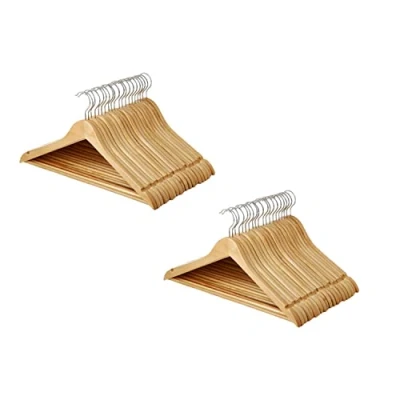Image of Bargain House Pack of 40 Heavy Duty Wooden Coat Hangers 360 Rotate Metal Chrome Hook, Shoulder Notches Non Slip Trouser Bar Suitable for Coat, Jacket, Suit, Pants, Trouser, Dresses Brown