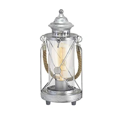 Image of EGLO Bedside lamp Bradford 1, Vintage Table Light, Lantern, Living Room Lighting Made of Antique Silver Steel and Clear Glass, E27 Socket