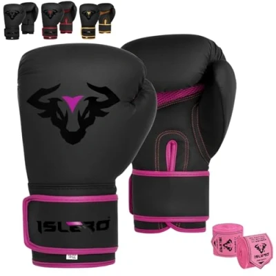 Image of Islero EVO Fitness Matte Black Boxing Gloves Men Punch Bag Women Pink MMA Muay Thai Martial Arts Kick Sparring Training Fighting With Hand Wraps (14 OZ, Pink)