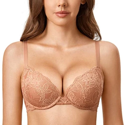 Image of DOBREVA Women&#039;s Push Up Lace Bra Sexy Plunge Padded Underwire Support Bras Lift Cream Coffee 36C