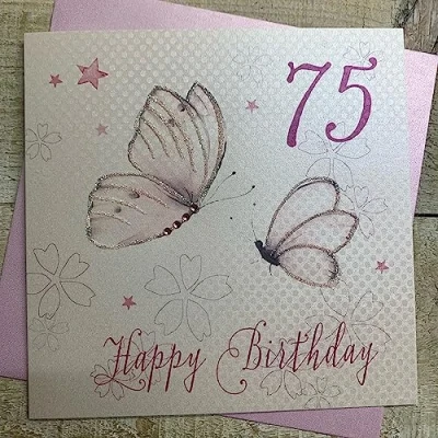 Image of White Cotton Cards Pink Butterflies, Happy 75&quot; Handmade 75th Birthday Card, WBB75
