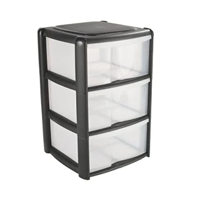 Image of 3 Drawer Plastic Storage Tower Unit, Black &amp; Clear Large x 20L Drawers Non Stackable Polypropylene Unit