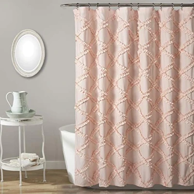 Image of Lush Decor Ruffle Diamond Shower Curtain Textured Vintage Chic Farmhouse Style Design, Blush, Polyester, 72&quot; W x L (Pack of 1)