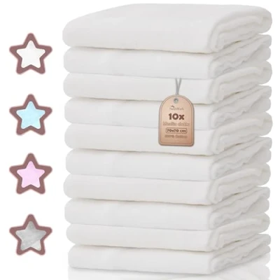 Image of NatureMark Pack of 10 Muslin Cloths, 100% Cotton, 70 x cm, White, Mulltuch_weiß_10er