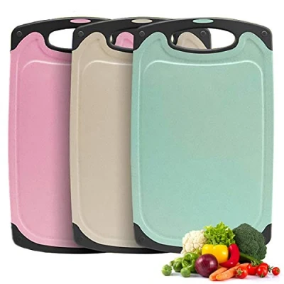 Image of Chopping Board Set of 3 Wheat Straw Kitchen Boards BPA Free with Juice Grooves Easy to Grip Hanging Holes Non Slip Dishwasher Safe (Beige + Green Pink)