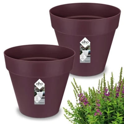 Image of Gardebruk® 2x Round Flower Pots Sustainable Recycled Plastic Planter Box Plant Pot with Overflow Pipes Frostproof Suitable for Indoor or Outdoor Use 25x22cm Matt Mulberry